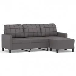 3-местен диван с табуретка, сив, 180 см, изкуствена кожа