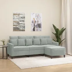 3-местен диван с табуретка, Светлосив, 180 см, кадифе