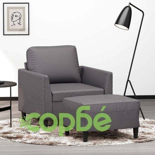 Кресло с табуретка, сиво, 60 см, изкуствена кожа ➤ топ цена ➤ sorbe.bg