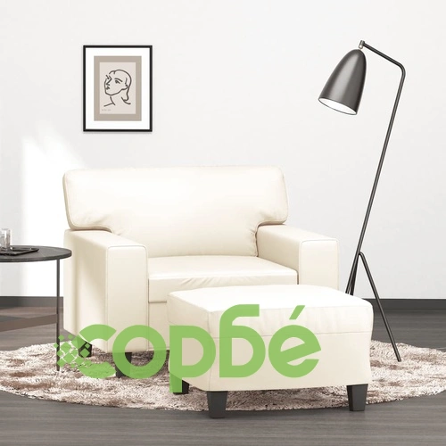 Кресло с табуретка, кремаво, 60 см, изкуствена кожа ➤ топ цена ➤ sorbe.bg