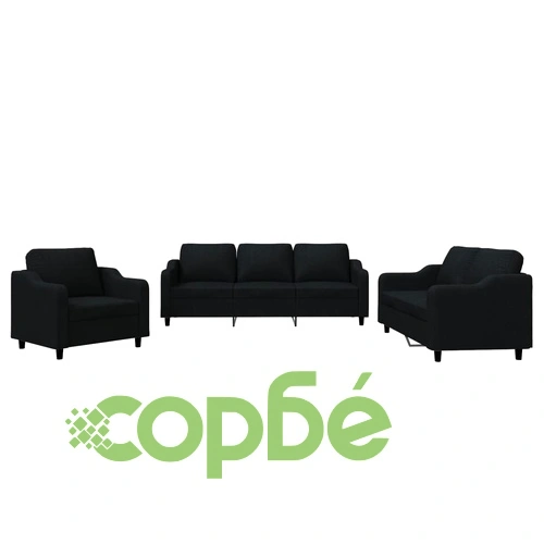 Комплект дивани от 3 части с възглавници, черен, плат ➤ топ цена ➤ sorbe.bg