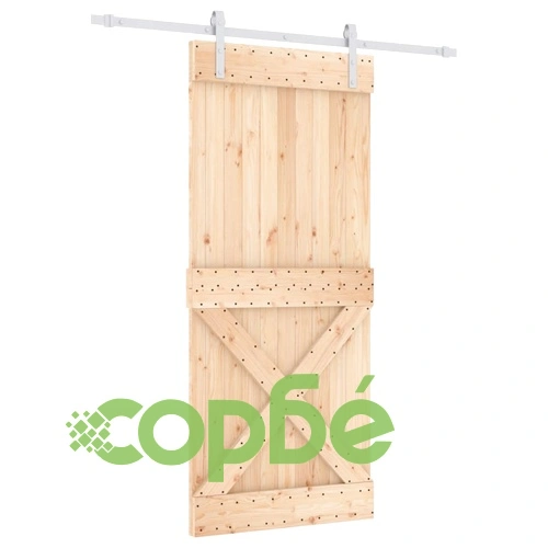 Плъзгаща врата с монтажни части, 90x210 см, борово дърво масив ➤ топ цена ➤ sorbe.bg