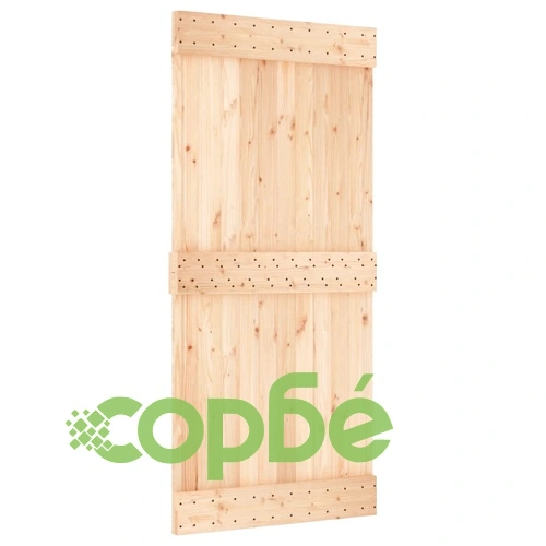 Плъзгаща врата с монтажни части, 95x210 см, борово дърво масив ➤ топ цена ➤ sorbe.bg