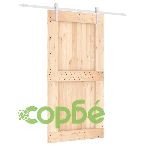 Плъзгаща врата с монтажни части, 100x210 см, борово дърво масив ➤ топ цена ➤ sorbe.bg