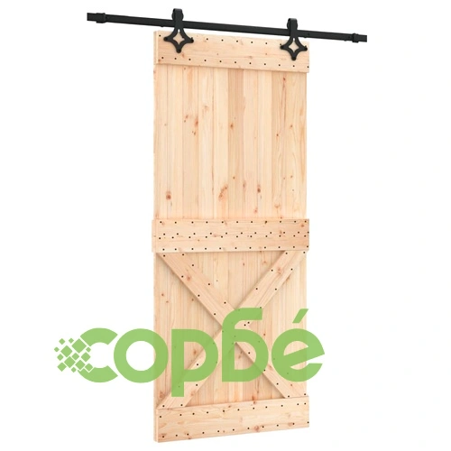 Плъзгаща врата с монтажни части, 90x210 см, борово дърво масив ➤ топ цена ➤ sorbe.bg