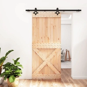 Плъзгаща врата с монтажни части, 90x210 см, борово дърво масив