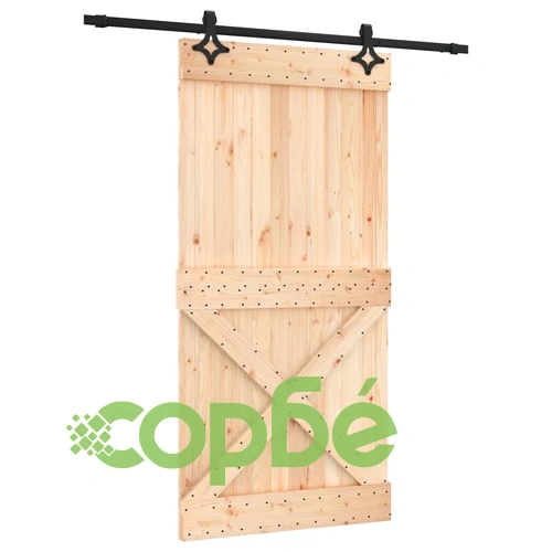 Плъзгаща врата с монтажни части, 100x210 см, борово дърво масив ➤ топ цена ➤ sorbe.bg