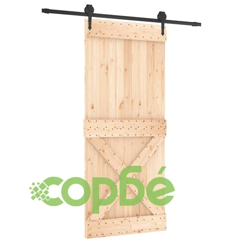 Плъзгаща врата с монтажни части, 90x210 см, борово дърво масив ➤ топ цена ➤ sorbe.bg