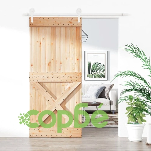 Плъзгаща врата с монтажни части, 90x210 см, борово дърво масив ➤ топ цена ➤ sorbe.bg