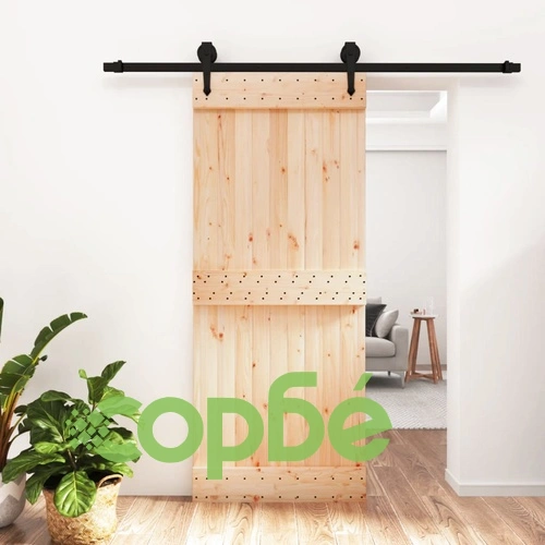 Плъзгаща врата с монтажни части, 85x210 см, борово дърво масив ➤ топ цена ➤ sorbe.bg