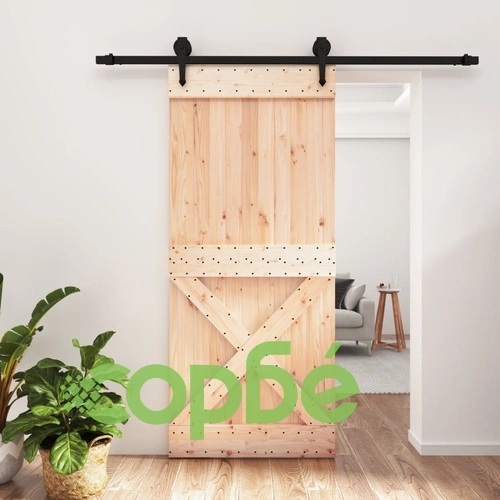 Плъзгаща врата с монтажни части, 90x210 см, борово дърво масив ➤ топ цена ➤ sorbe.bg