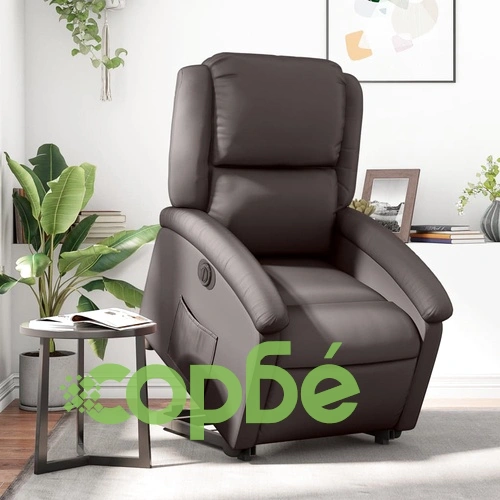 Електрически изправящ реклайнер стол тъмнокафяв естествена кожа ➤ топ цена ➤ sorbe.bg