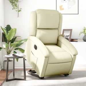 Електрически изправящ реклайнер стол, кремав, естествена кожа