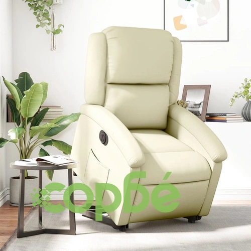 Електрически изправящ реклайнер стол, кремав, естествена кожа ➤ топ цена ➤ sorbe.bg