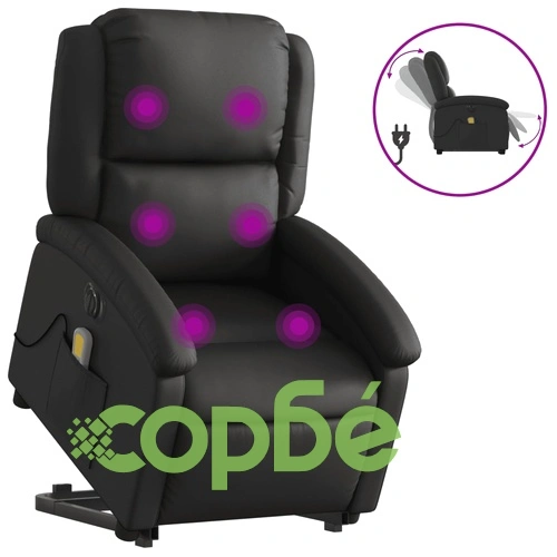 Електрически изправящ масажен реклайнер, черен, естествена кожа ➤ топ цена ➤ sorbe.bg