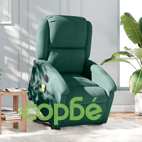 Електрически изправящ масажен реклайнер стол тъмнозелен кадифе ➤ топ цена ➤ sorbe.bg
