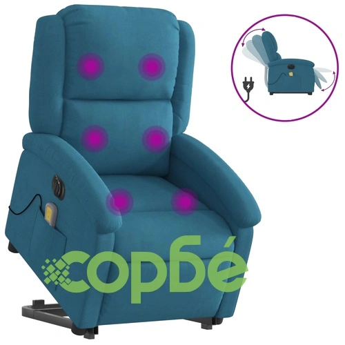 Електрически изправящ масажен реклайнер стол, син, кадифе ➤ топ цена ➤ sorbe.bg