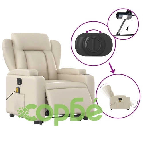 Електрически изправящ масажен реклайнер стол, кремав, еко кожа ➤ топ цена ➤ sorbe.bg