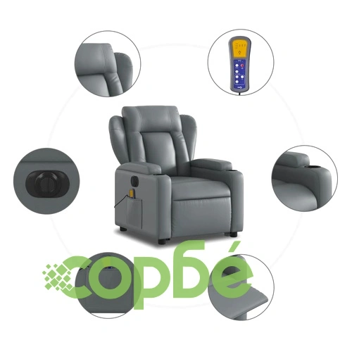 Електрически изправящ масажен реклайнер стол, сив, еко кожа ➤ топ цена ➤ sorbe.bg