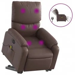 Електрически изправящ масажен реклайнер стол, кафяв, еко кожа