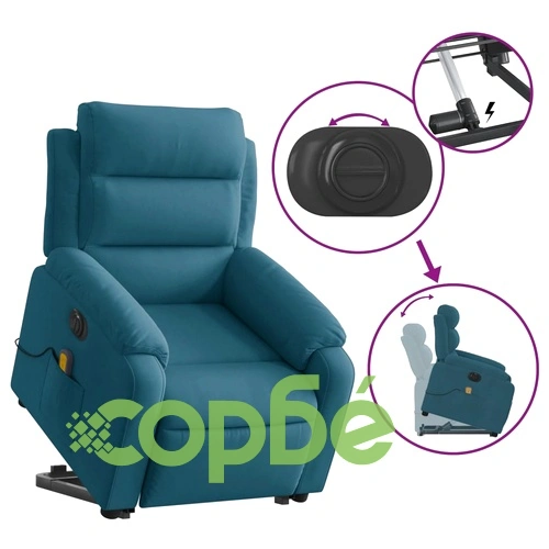 Електрически изправящ масажен реклайнер стол, син, кадифе ➤ топ цена ➤ sorbe.bg