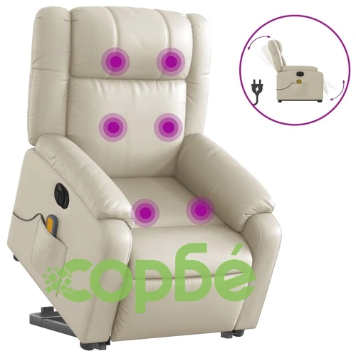 Електрически изправящ масажен реклайнер стол, кремав, еко кожа ➤ топ цена ➤ sorbe.bg