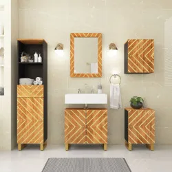 Комплект шкафове за баня от 5 части кафяво и черно манго масив