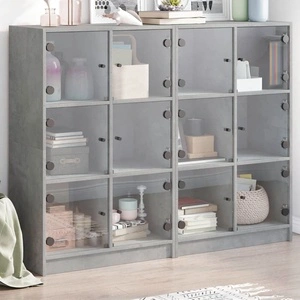 Библиотека с врати бетонно сива 136x37x109 см инженерно дърво