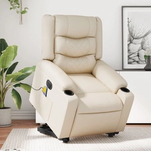 Електрически изправящ масажен реклайнер стол, кремав, еко кожа