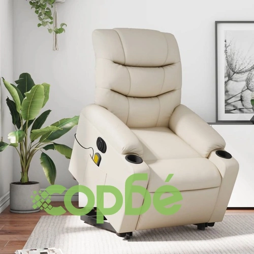 Електрически изправящ масажен реклайнер стол, кремав, еко кожа ➤ топ цена ➤ sorbe.bg