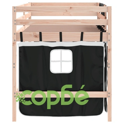 Детско високо легло със завеси бяло и черно 90x200 см бор масив ➤ топ цена ➤ sorbe.bg
