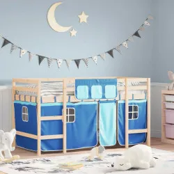 Детско високо легло със завеси, синьо, 90x200 см, бор масив