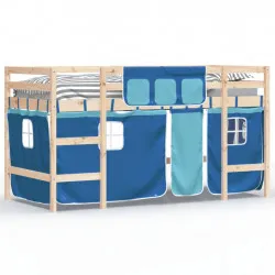 Детско високо легло със завеси, синьо, 90x190 см, бор масив