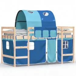 Детско високо легло с тунел, синьо, 90x200 см, бор масив