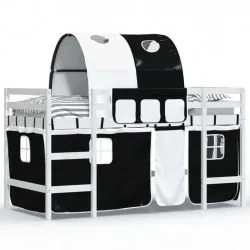 Детско високо легло с тунел, бяло и черно, 90x190 см, бор масив