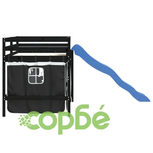 Детско високо легло със завеси бяло и черно 80x200 см бор масив ➤ топ цена ➤ sorbe.bg
