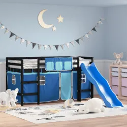 Детско високо легло със завеси, синьо, 80x200 см, бор масив