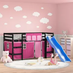 Детско високо легло със завеси розово 80x200 см бор масив