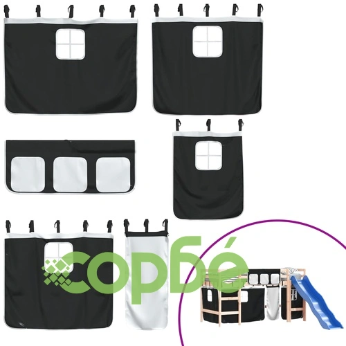 Детско високо легло със завеси бяло и черно 90x200 см бор масив ➤ топ цена ➤ sorbe.bg