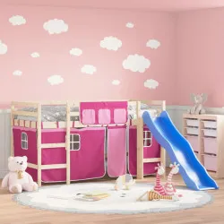 Детско високо легло със завеси розово 90x200 см бор масив