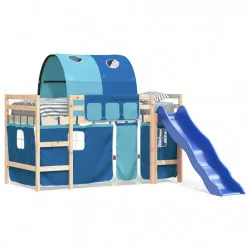 Детско високо легло с тунел, синьо, 80x200 см, бор масив
