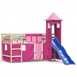 Детско високо легло с кула, розово, 90x200 см, бор масив