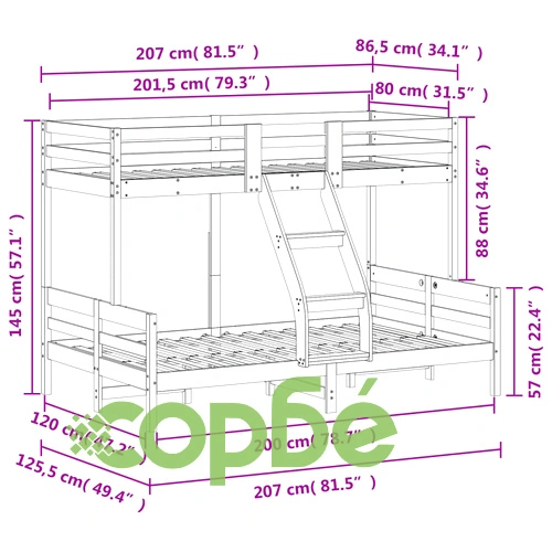 Двуетажно легло, 80x200/120x200 см, восъчнокафяво, бор масив ➤ топ цена ➤ sorbe.bg