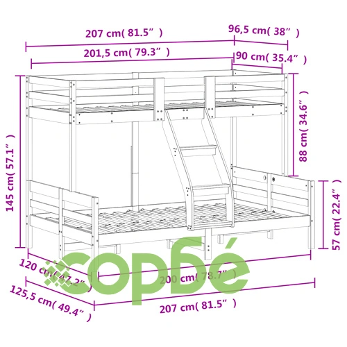 Двуетажно легло, 90x200/120x200 см, восъчнокафяво, бор масив ➤ топ цена ➤ sorbe.bg