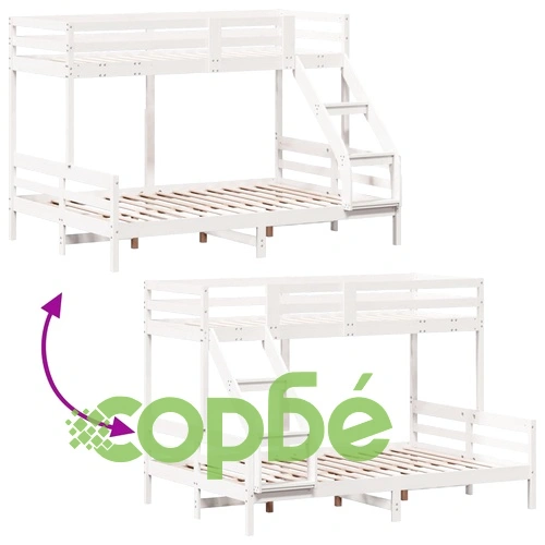 Двуетажно легло, 80x200/140x200 см, бяло, борово дърво масив ➤ топ цена ➤ sorbe.bg