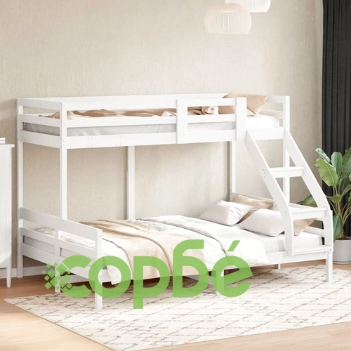 Двуетажно легло, 90x200/140x200 см, бяло, борово дърво масив ➤ топ цена ➤ sorbe.bg