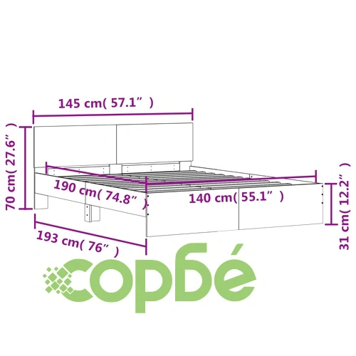 Рамка за легло с табла, опушен дъб, 140x190 см ➤ топ цена ➤ sorbe.bg
