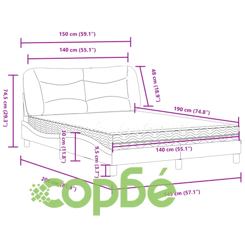 Легло с матрак, тъмносиво, 140x190 см плат ➤ топ цена ➤ sorbe.bg