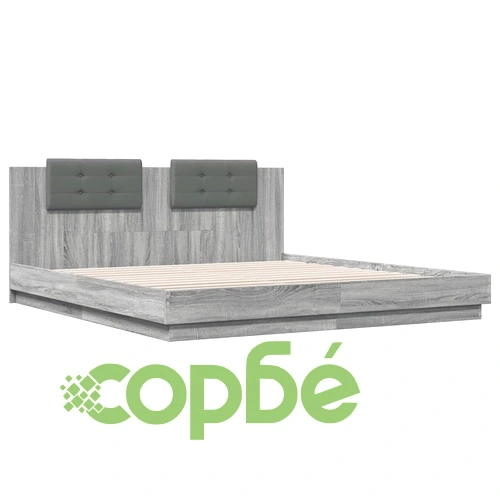 Рамка за легло с табла и LED осветление, сив сонома, 200x200 см ➤ топ цена ➤ sorbe.bg