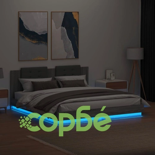 Рамка за легло с табла и LED осветление, сив сонома, 200x200 см ➤ топ цена ➤ sorbe.bg